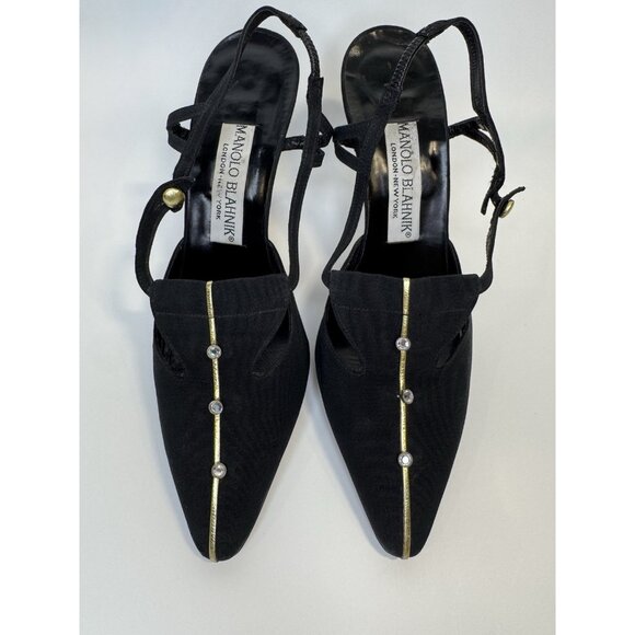 Vintage Manolo Blahnik Size 37 6 Heels Slingback Pointy Black Gold Fabric - Picture 3 of 16